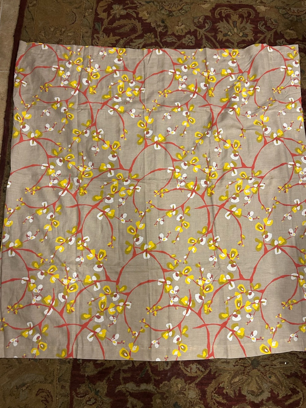 Crate&Barrel Tan Yellow Red White Floral Patterned Table Cloth 60x120 Inches